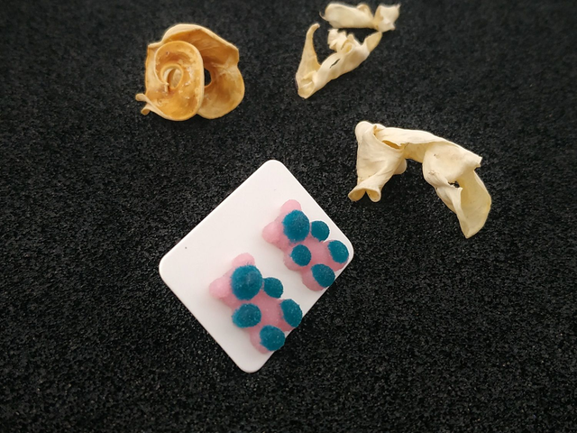 Boucles d'oreilles clous nounours bicolore rose / vert émeraude