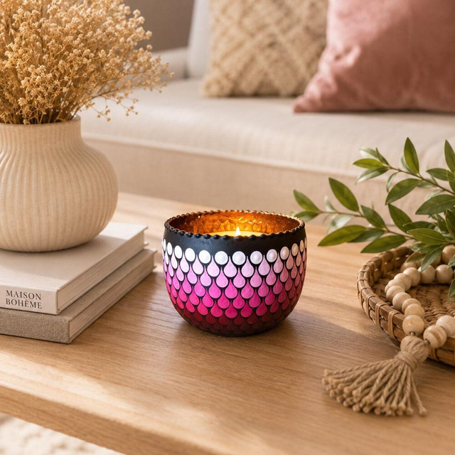 Bougeoir mandala rose &amp; fuchsia en métal – Peint à la main