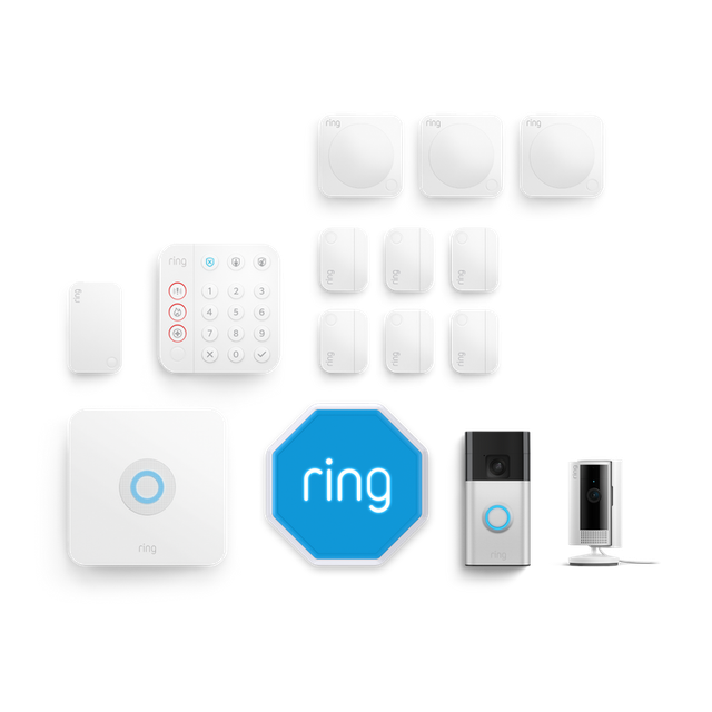 Ring Alarm, Indoor Camera 2nd Gen + Battery Video Doorbell Pack [XL] With Siren