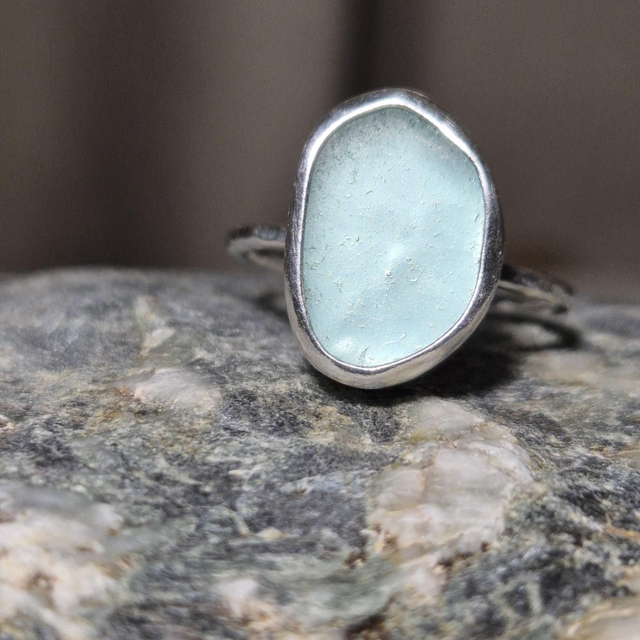 Size Q Pale Aqua Sea Glass and Sterling Silver Ring Fully Hallmarked 