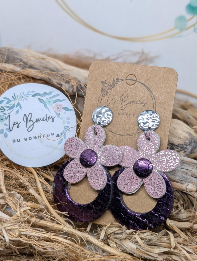 Boucles d&#039;oreilles baby Marguerite aubergine rose bm1138