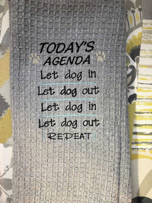 Embroidered Tea Towel - Let the Dog in / Let the Dog Out