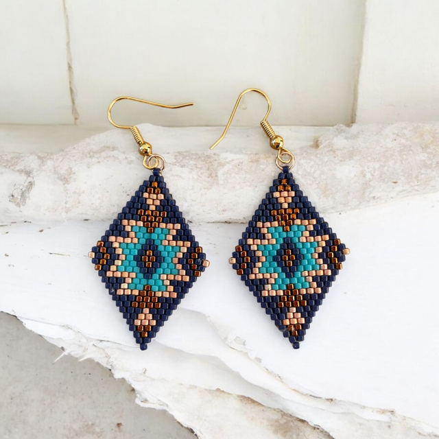 Boucles d'oreilles losange tons bleu et marron