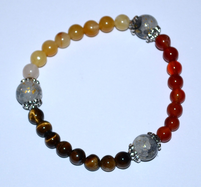  B76- Bracelet oeil du tigre, agate jaune, agate rouge, verre et métal