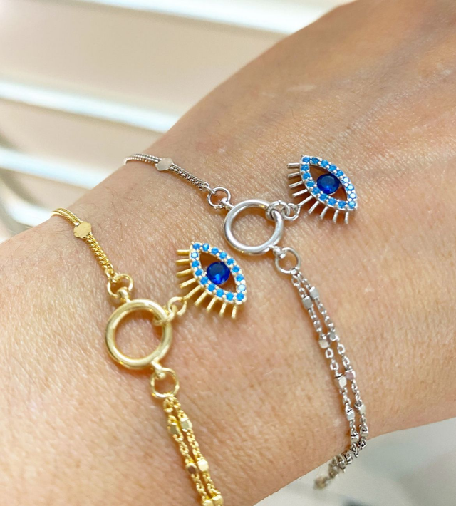 Fine Double Chain Bracelet with Diamond Eye Charm