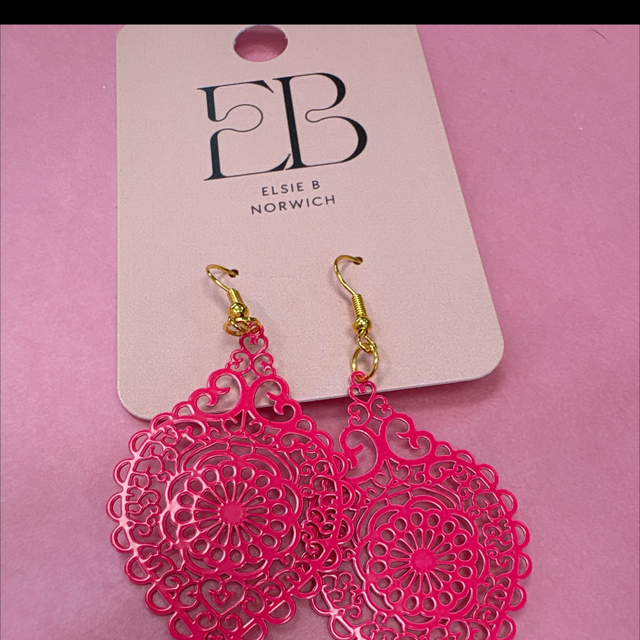 Hot pink metal lace drop earrings gold hoops