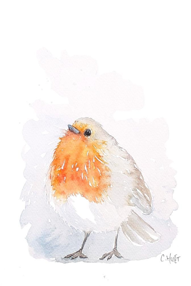 Tableau original à l'aquarelle rouge-gorge tout rond, 15*20 environ