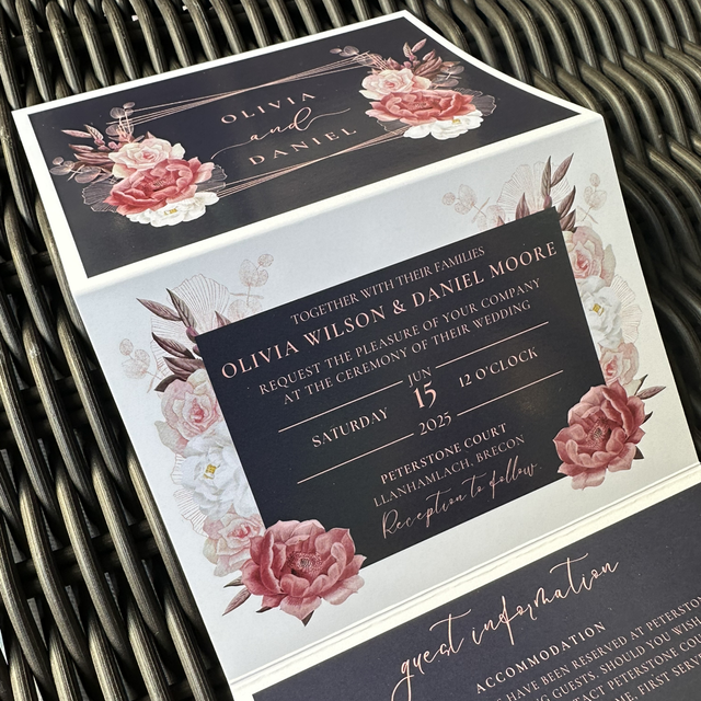 Navy &amp; rose gold floral design - concertina wedding invitations - including guest information &amp; tear off RSVP postcard