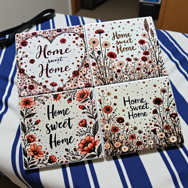 A set of four ceramic coasters with the words Home Sweet Home  