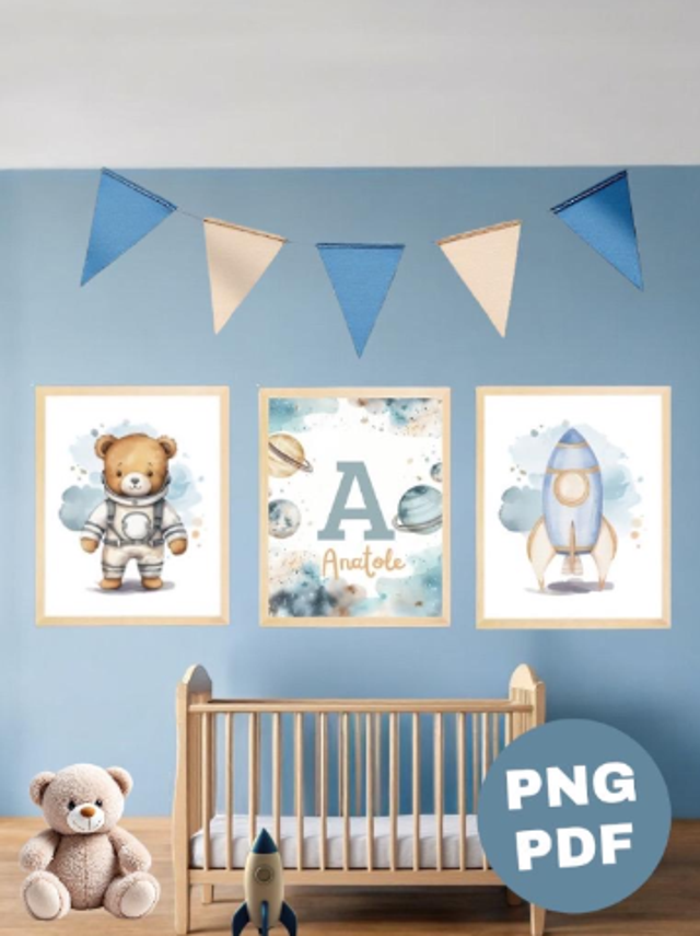 Lot de 3 affiches ourson thème espace fusée pour chambre bébé fichiers numériques Png Pdf