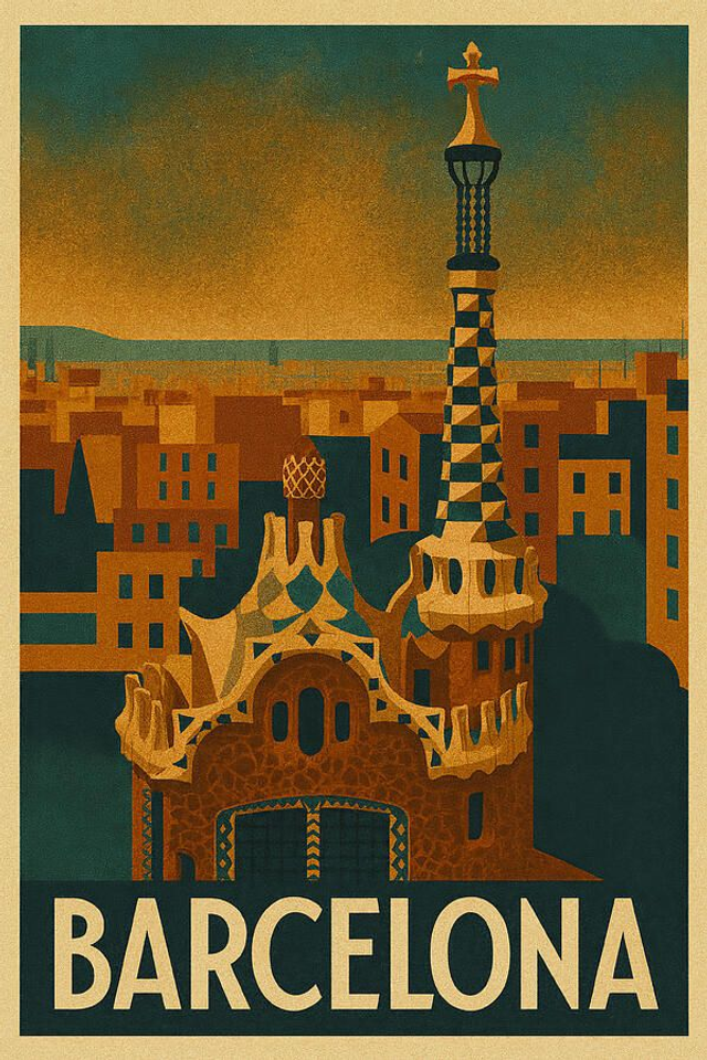 Póster de viaje vintage del Parque Güell de Barcelona, Catalunya