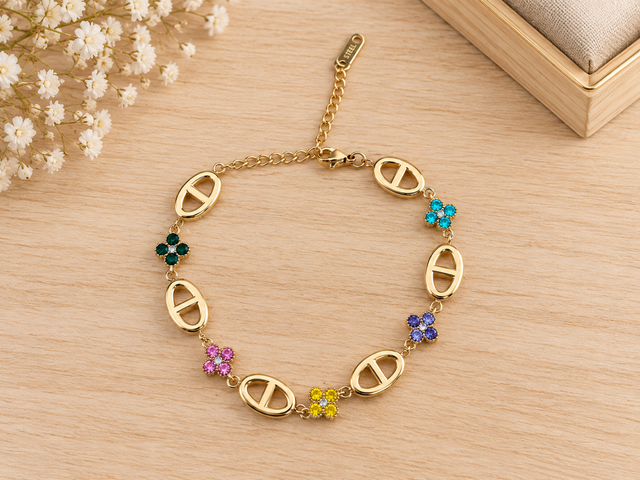 Bracelet maille marine et fleurs multicolores 