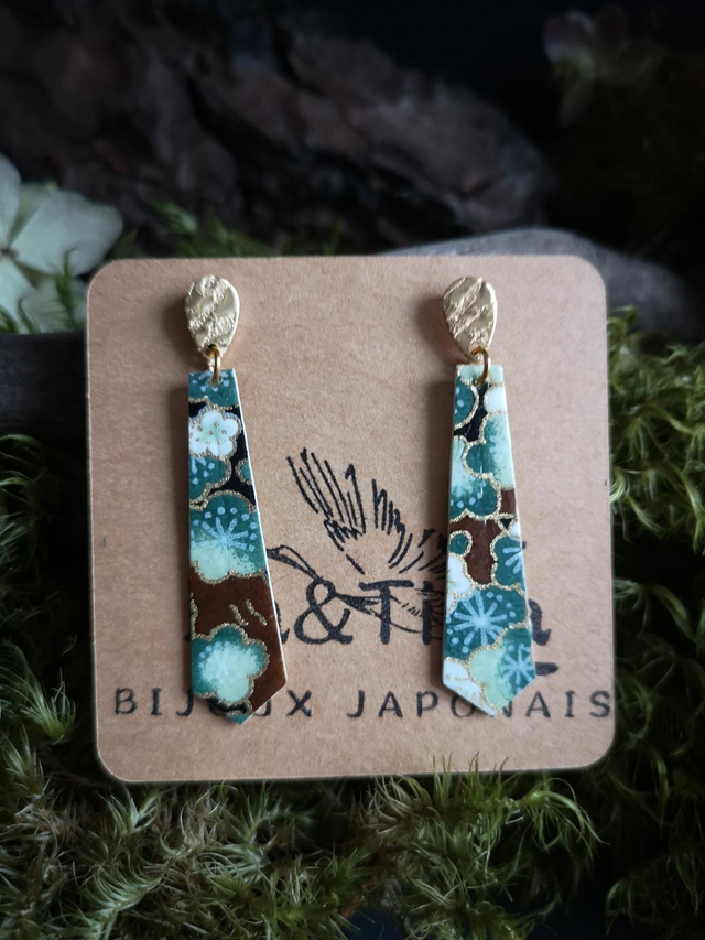 Boucles d&#039;oreilles - puces - papier - washi - fleurs de prunier - acier inoxydable - La&amp;Titia 