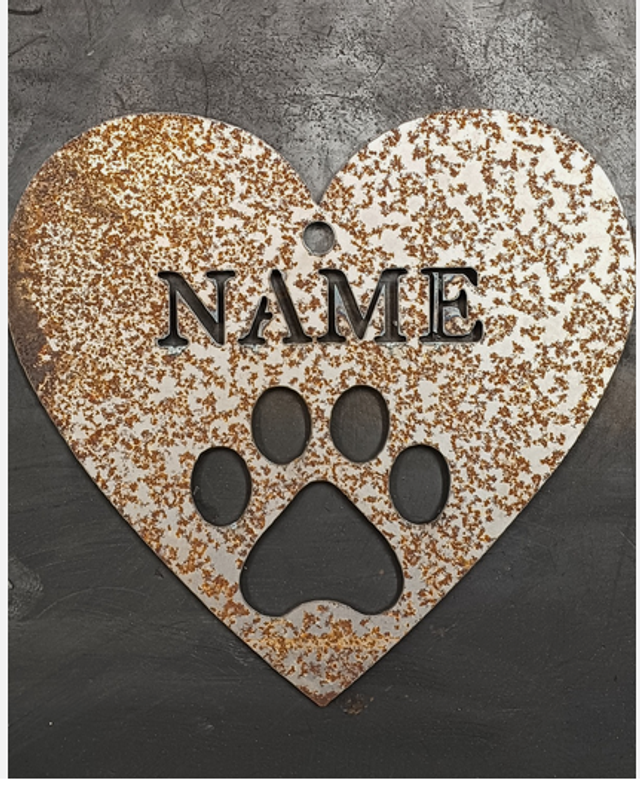 Rusty/patina Personalised Heart Dog Paw Garden Decor, Rusty Metal Heart UK made