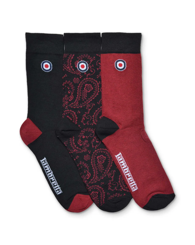 Lambretta 3 pack Paisley socks - Black/Burgundy