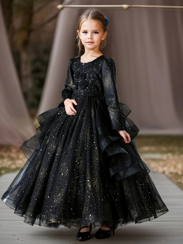Girls' Elegant Black Evening Gown with Glittery Detail
