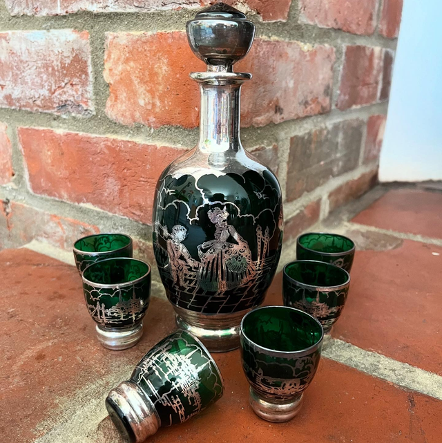 Late 19th Century Italian Green Glass Decanter Set With Sterling Silver Overlay  