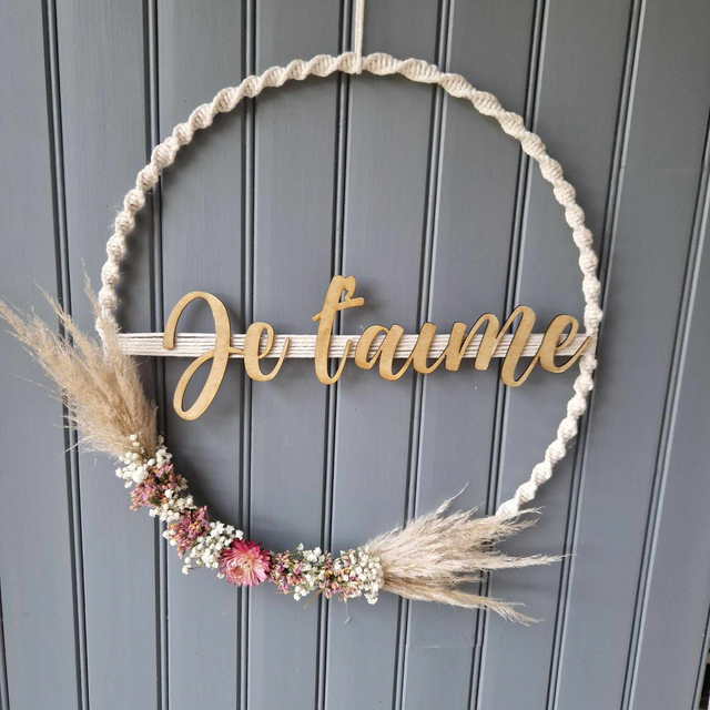 Cercle macramé message fleurs séchées 40 cm