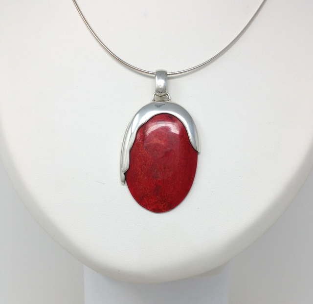 PENDENTIF OVALE DE CORAIL CERTI ARGENT MASSIF - VENDU SANS CHAINE - 3371