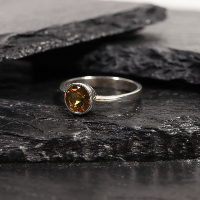 Sterling Silver 925 Minimalist Modern Design Band Round Cut Vivid Oramge Citrine Gemstone Birthstone Ring Size N - 6 1/2