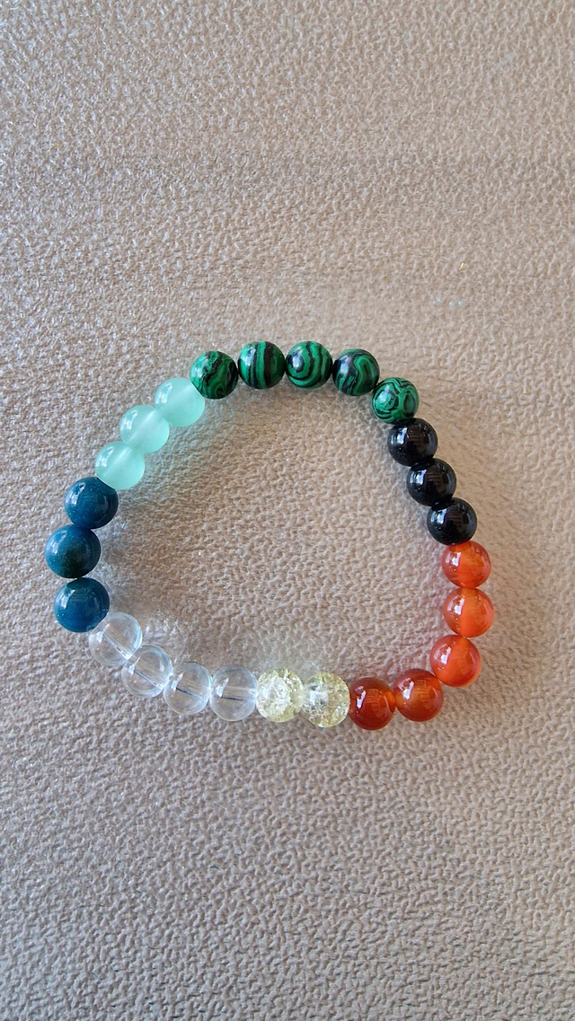 Pulsera de piedras chakras( malakita, ónix, cornalina, cuarzo transparente, cuarzo craquelado, aventurita) equilibrio energético