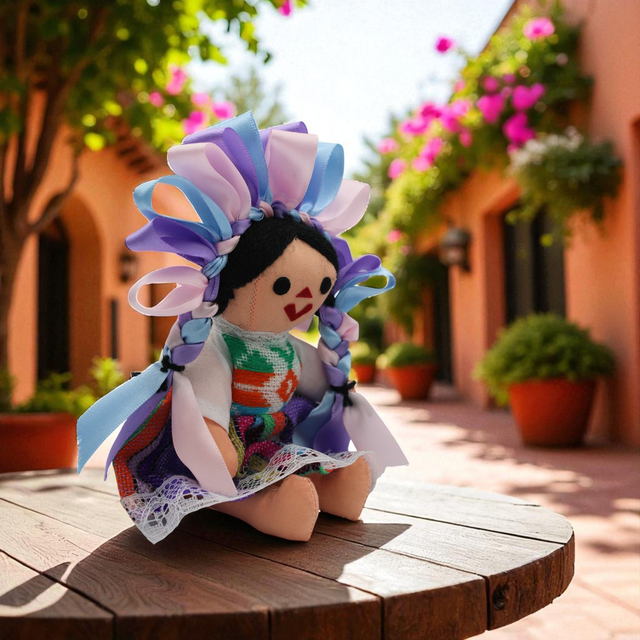 Poupée Lélé artisanale (M) – Coiffe rose pâle, violette, bleue