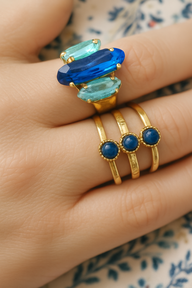 Bague anneau large réglable - 6 mm - Acier inoxydable 316L Doré et cristal Blue