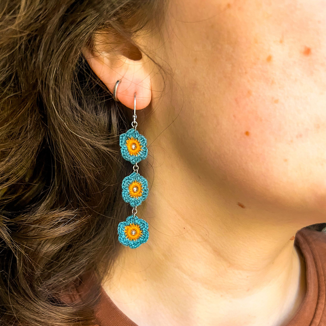 Longues boucles d’oreilles fleuries bleu canard &amp; terracotta