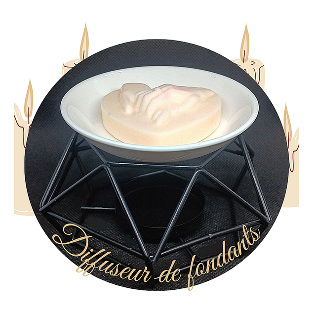Diffuseur de Fondants parfumés avec une coupelle en Grès Blanc et Structure en Métal Noir