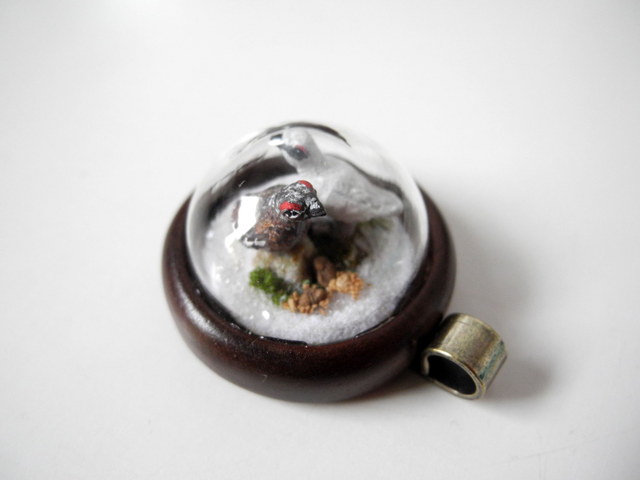 Rock Ptarmigans - OOAK Biosphere Wood Jewelry - Clear glass globe with two delicate Rock Ptarmigans inside– winter/spring inspired jewelry