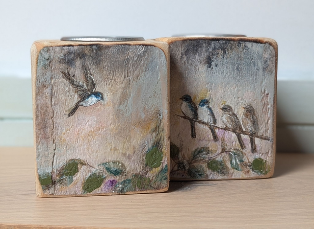 Birds - evening fall - Set of Two Tealight Holders Reclaimed Wood