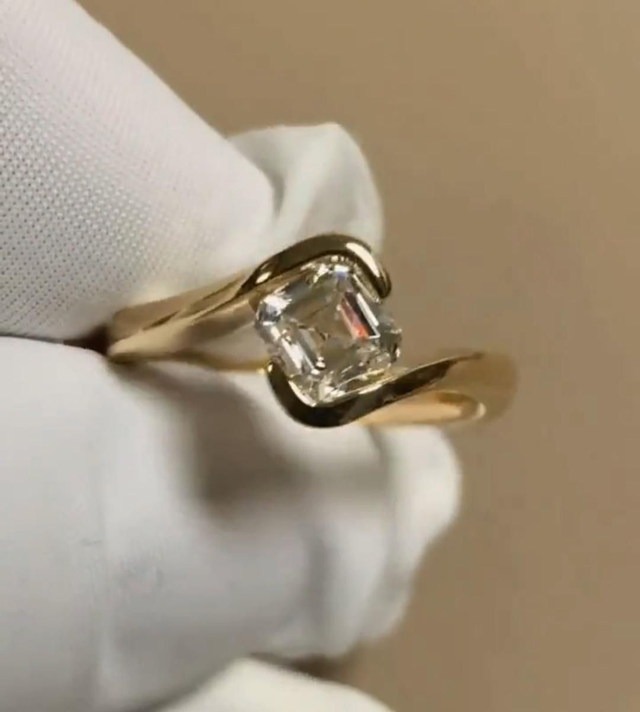 Beautiful Asscher Cut Moissanite & 18K Yellow Gold Vermeil Ring.