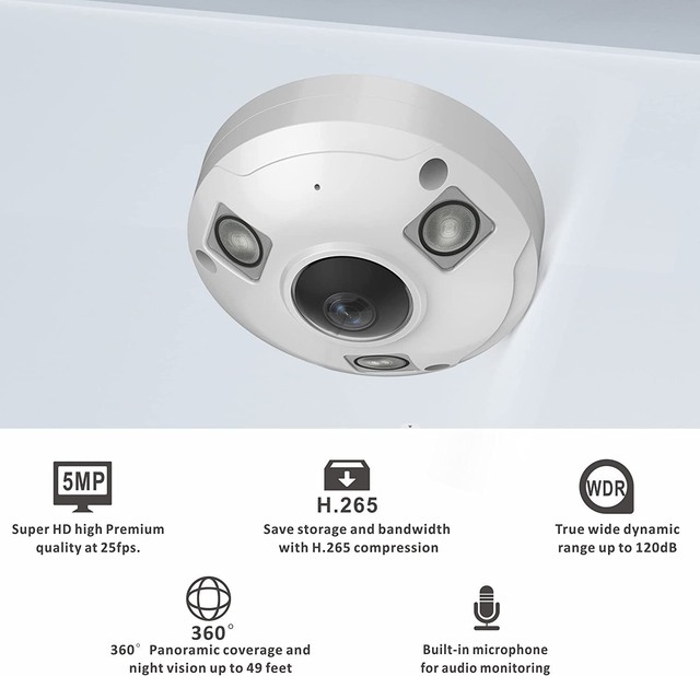 5MP POE IP Fisheye Camera, 1.44mm Lens 360° Viewing Angle, 48ft IR Night Vision, Motion Detection, IP66 Water-Proof 