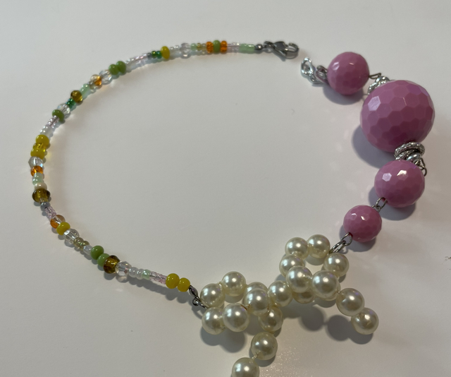 Collier grosses perles roses + noeud - Lise 