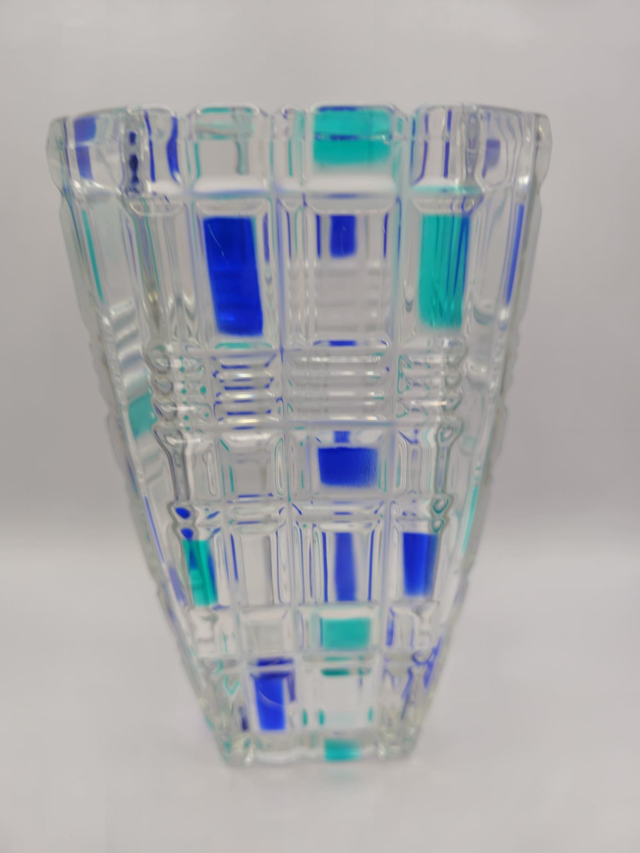 Vase en verre décor vert et bleu