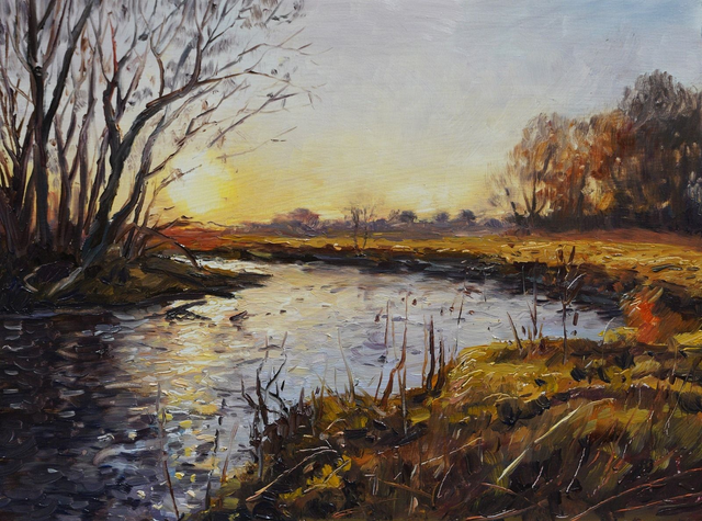 Zachód słońca nad Wieprzem, 20x25 olej płyta 2025