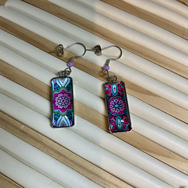 Handmade cabochon earrings. Beautiful asymmetrical mandala design.