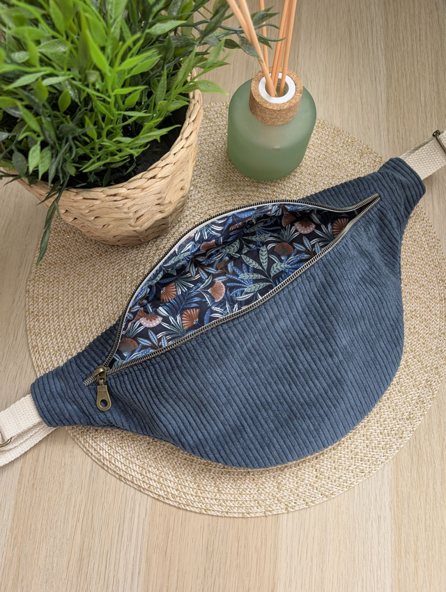 Sac banane femme en velours cotelé bleu canard