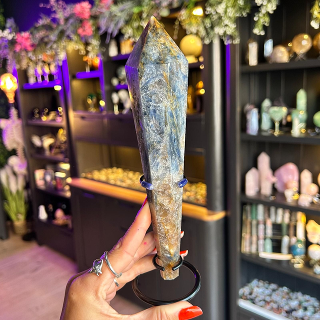 Blue Kyanite and Golden Healer Wand on Stand R54J5
