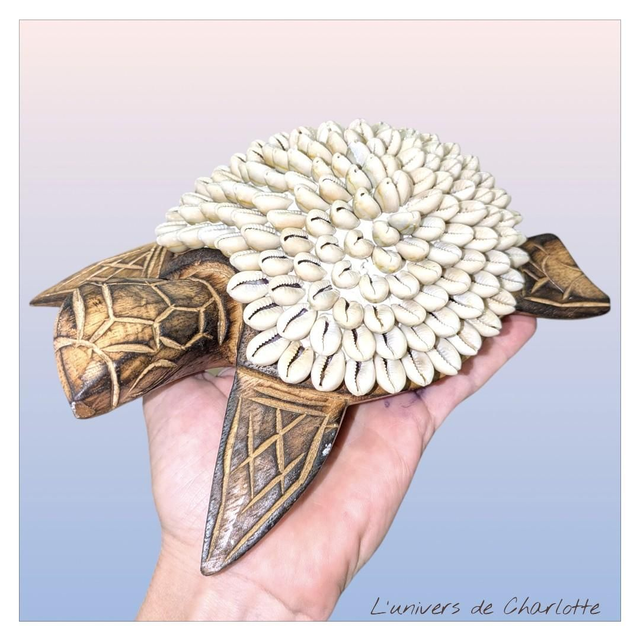 Statue &quot;Tortue&quot; en Bois &amp; Coquillages 20cm