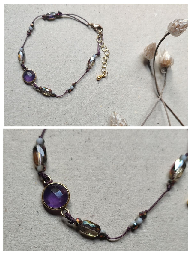 Améthyste et verre mordoré réglable avec chaîne d&#039;extension en acier inoxydable doré, pièce unique 