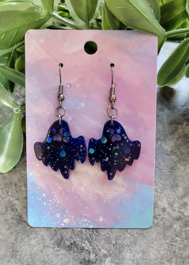 Earrings | Angry Ghost - Navy Blue-Black Glitter | Gunmetal Stainless Steel Hooks