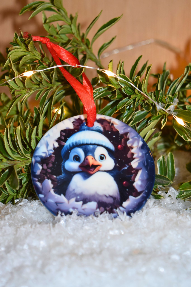 Round Ceramic Christmas Ornament – Smiling Penguin Design