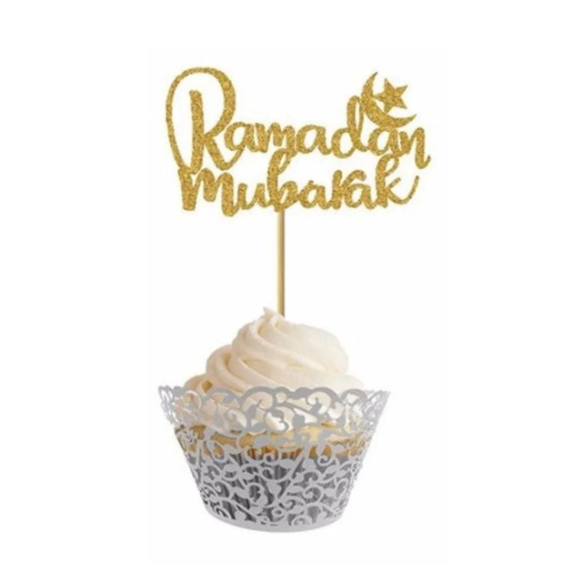10 pcs Ramadan Mubarak Paper Cupcake Topper - Gold glitter