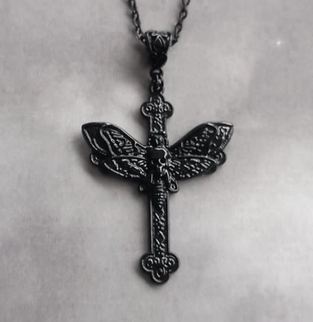 Black Moth Cross Necklace 