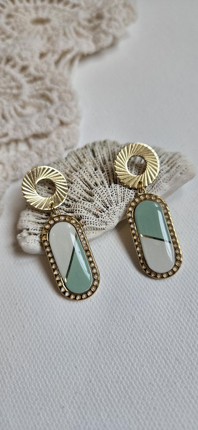Paire de boucles d'oreilles - porcelaine Badonviller - acier inoxydable doré