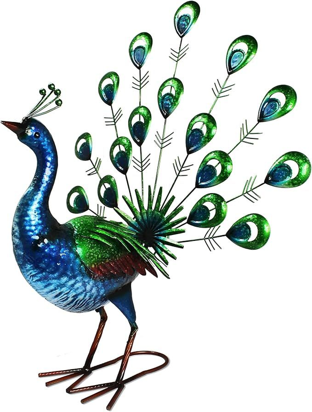 Lifelike Metal Hand Painted Vibrant Fan Tail Peacock Garden Ornament for Indoor or Outdoor Use 