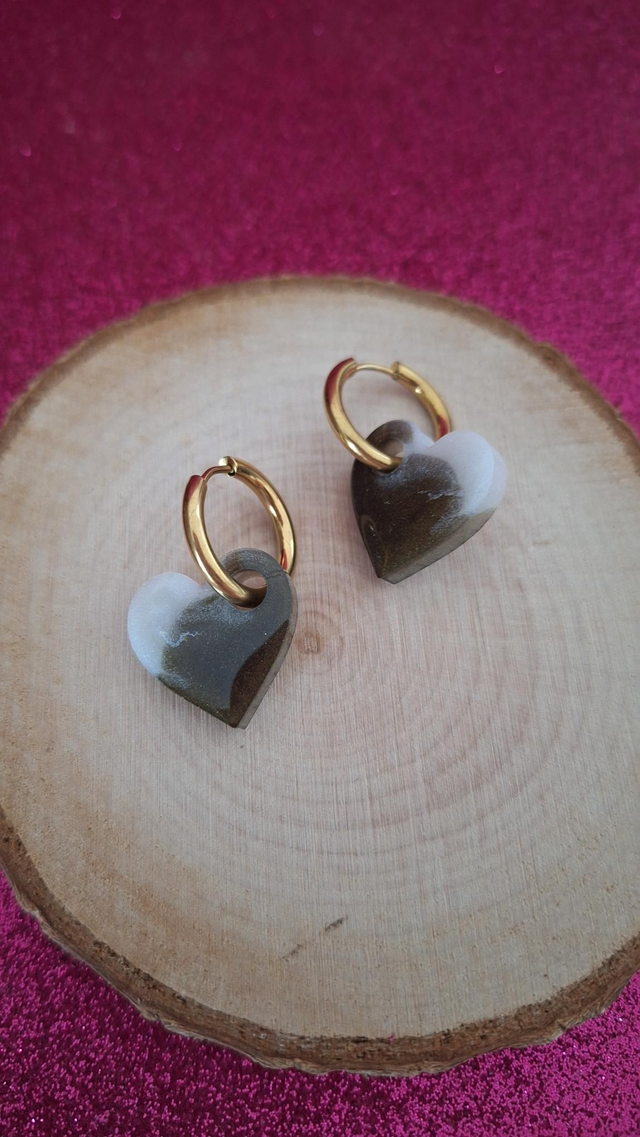 Créoles dorées cœurs kaki blanc