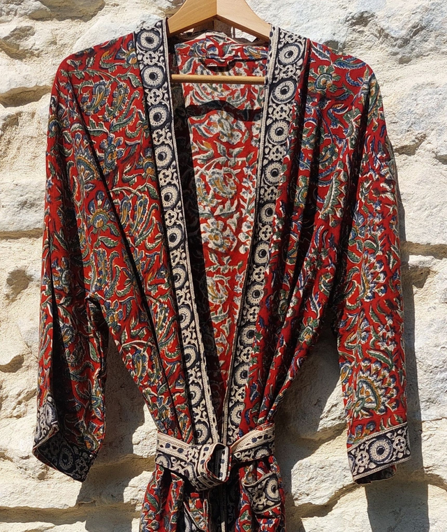  Peignoir unisexe, teintures naturelles artisanales, imprimé à la main, rouge, bleu, vert, jaune, noir, ivoire, robe de chambre L.130cm  