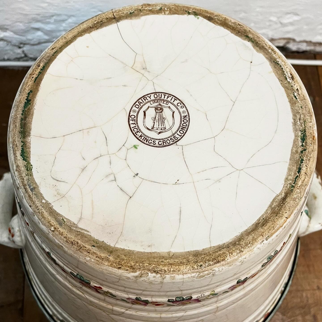 A Late Victorian Dairy Ironstone Milk Pail And Original Patented Brass Cover by The Dairy Outfit Company Ltd of King’s Cross, London
